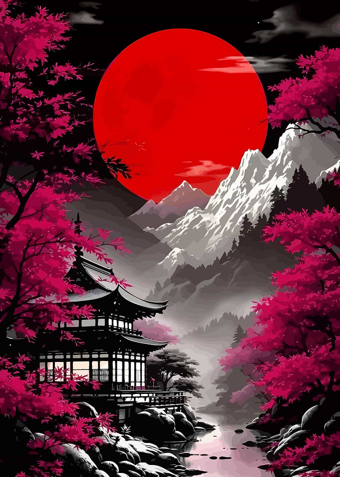 Japanese Landscape with Pagoda and Red Moon