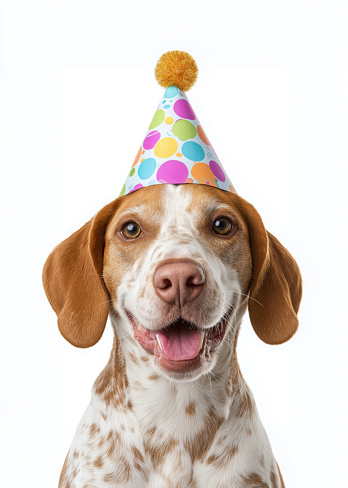 American English Coonhound Dog with Birthday Hat