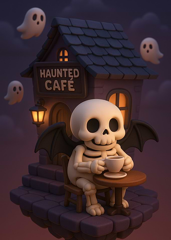 Skeleton at Haunted Cafe with Ghosts