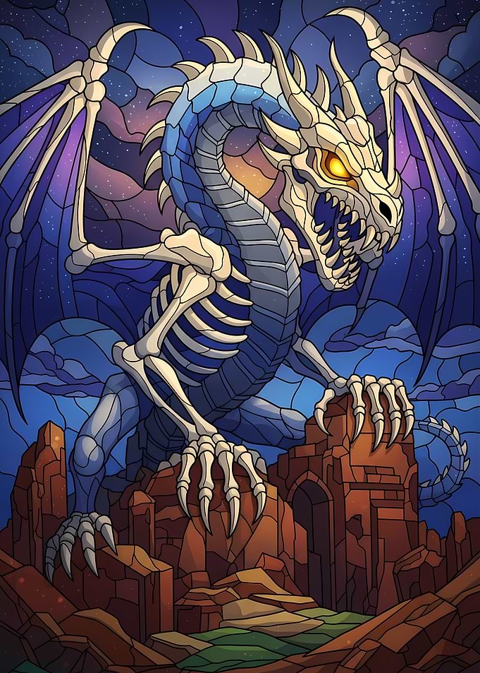 Skeletal Dragon Stained Glass Illustration