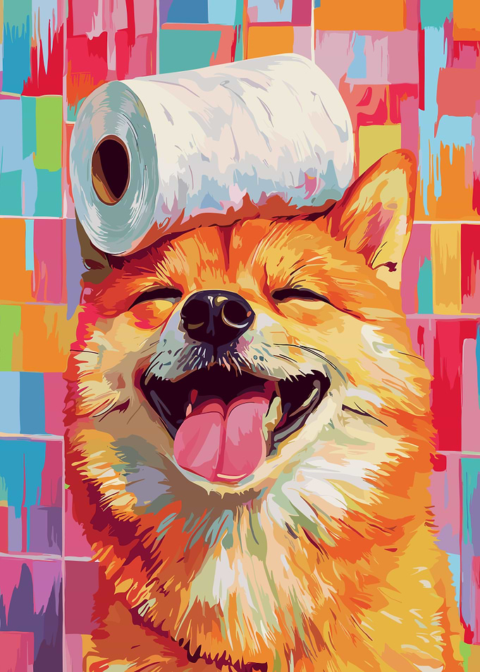 Happy Dog with Toilet Paper Hat