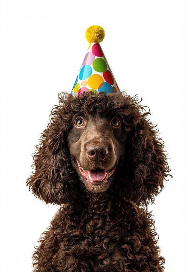 Irish Water Spaniel with Party Hat