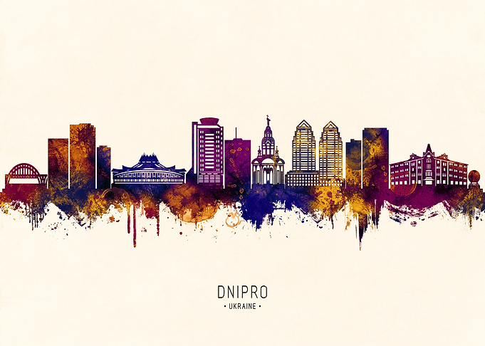 Dnipro Ukraine Skyline Watercolor Silhouette