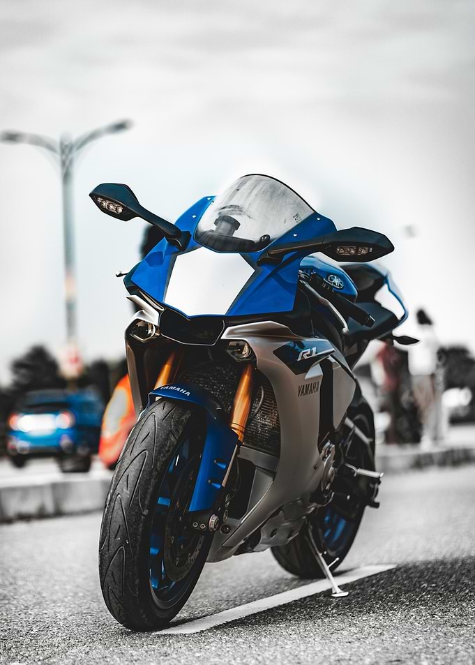 Blue and Silver Yamaha R1 Motorcycle