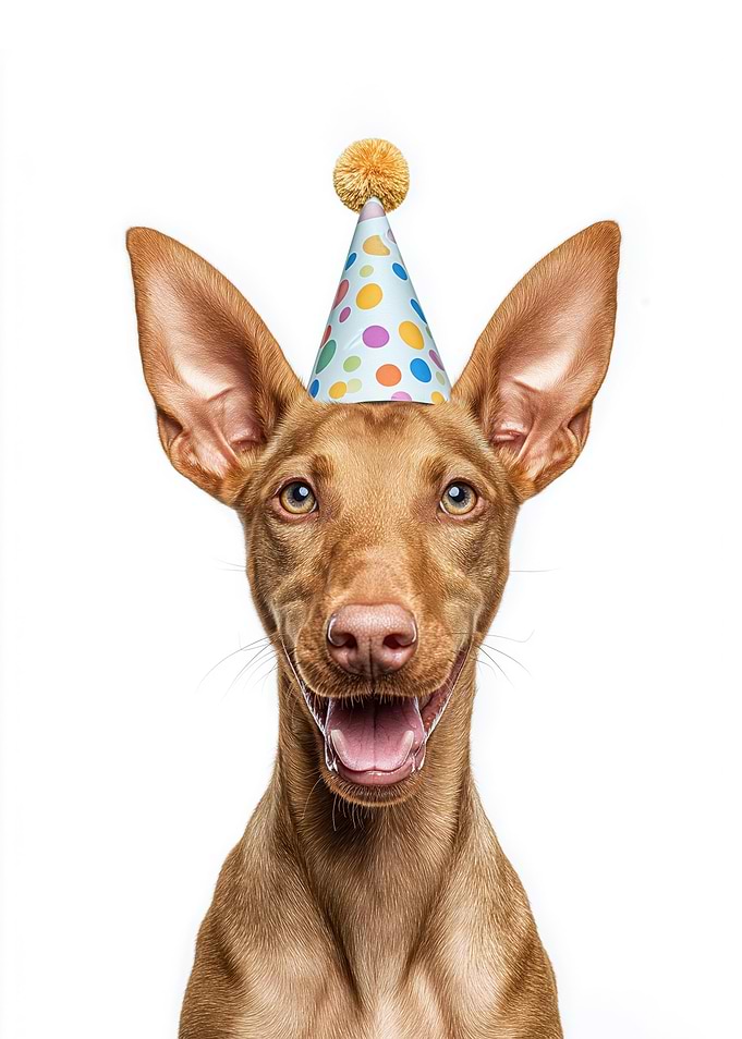 Pharaoh Hound Dog with Birthday Hat