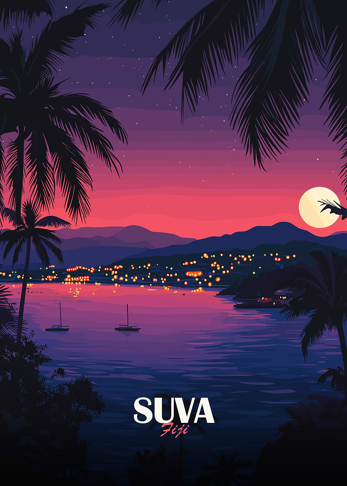 Suva Fiji Tropical Nightscape Illustration