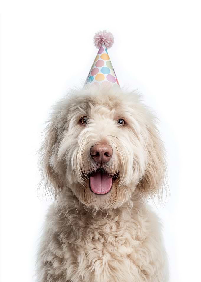 Komondor Dog with Birthday Hat Portrait