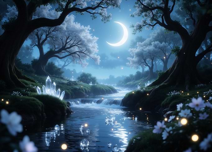 Enchanted Forest Stream Under Crescent Moon