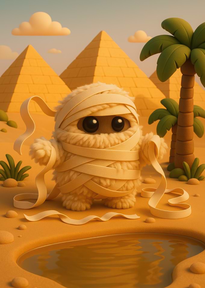 Cute Mummy Character in Desert Landscape