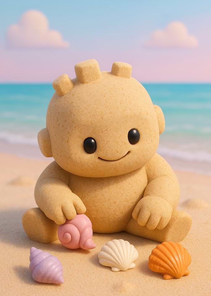 Sand Baby with Seashells on Beach
