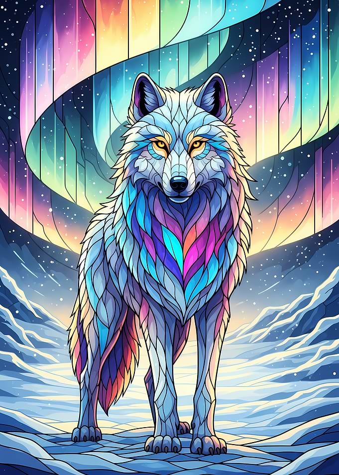 Colorful Wolf Under Aurora Borealis