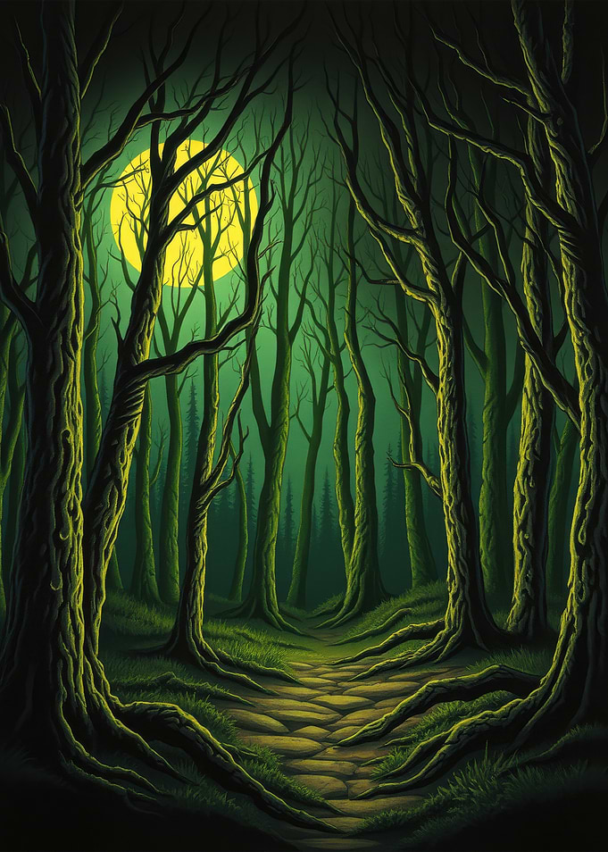Eerie Forest Path Under Moonlight
