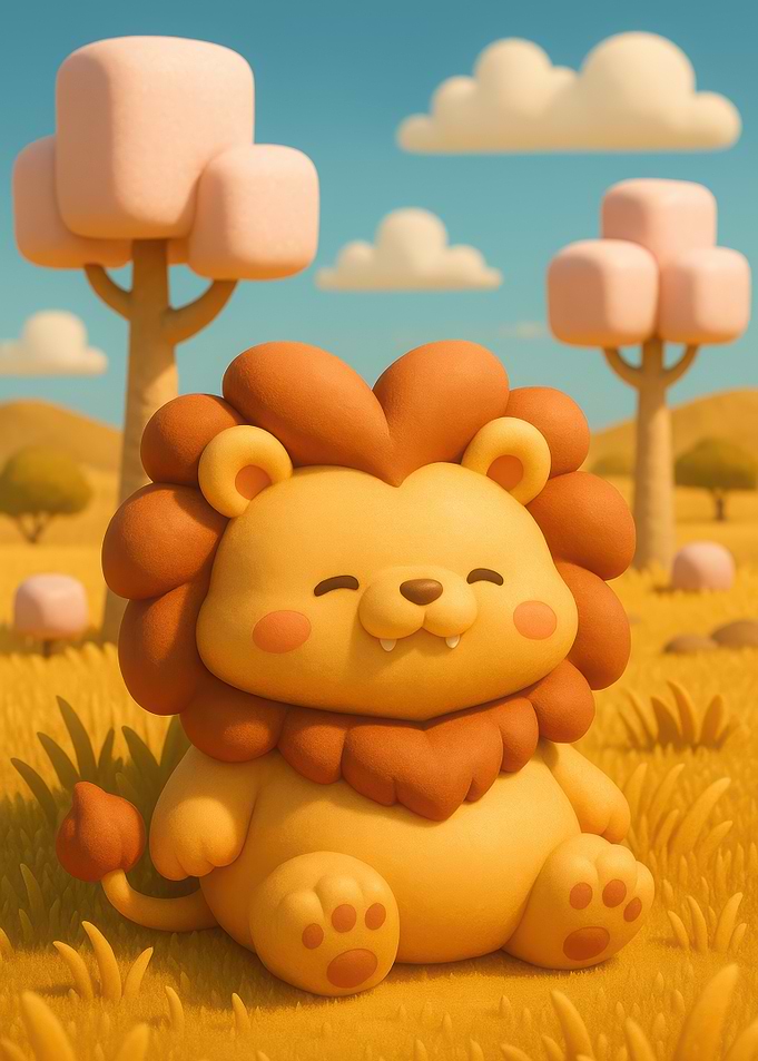 Cute Cartoon Lion in a Field