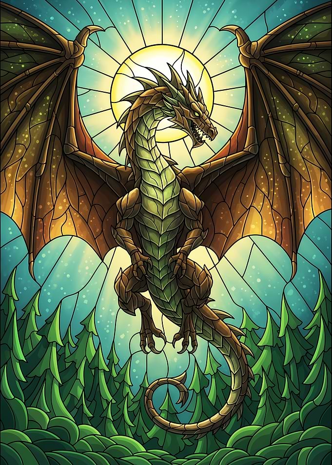 Stained Glass Dragon Over Forest