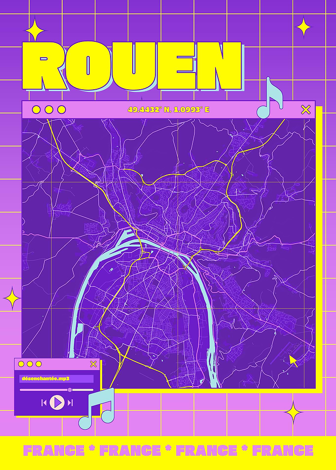 Rouen Map Art, Retro Aesthetic