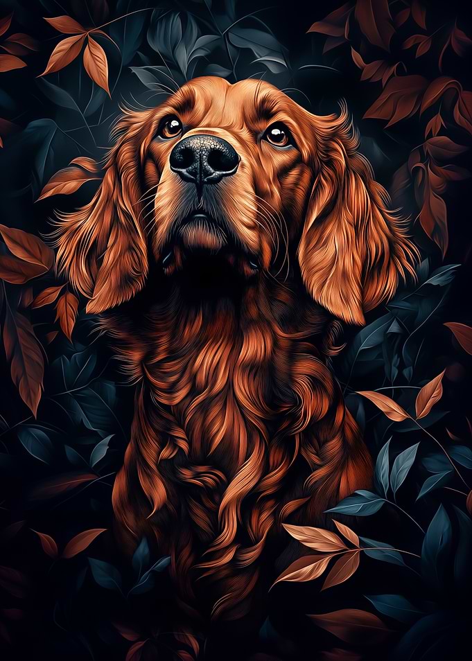 Irish setter Portrait in Foliage