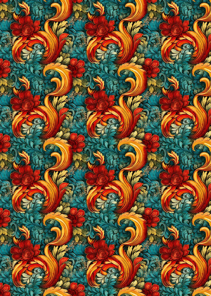 Floral Baroque Pattern with Red Flowers