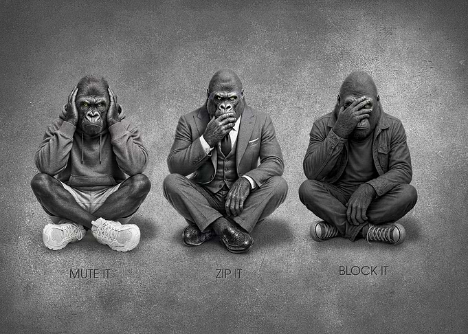 Three Wise Gorillas: Mute, Zip, Block