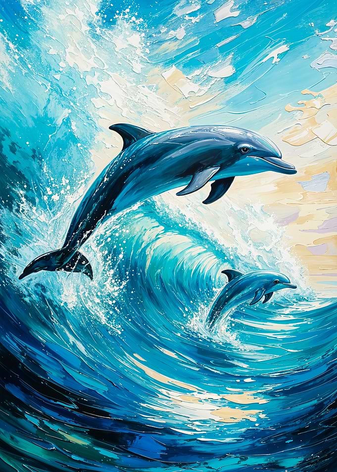 Dolphins leaping from ocean waves painting