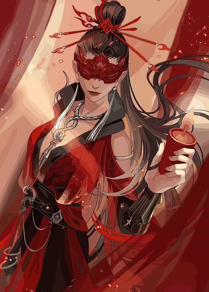 Red-clad woman with mask and candle