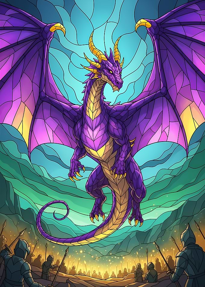 Purple Dragon and Knights Illustration