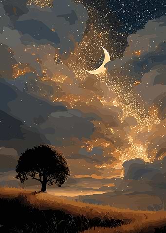 Dreamy Night Landscape with Crescent Moon