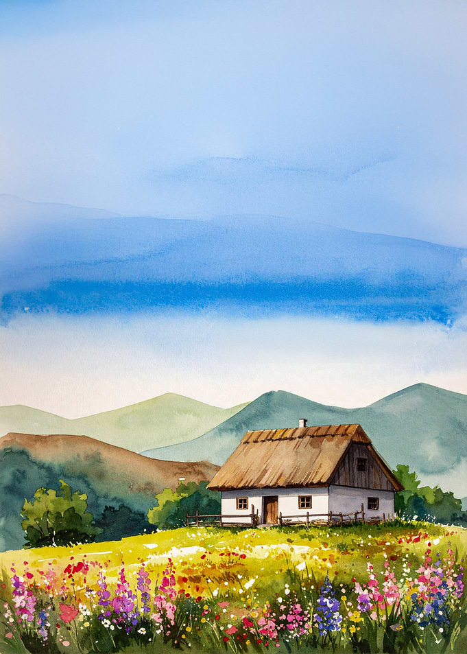 Watercolor Cottage in a Floral Meadow