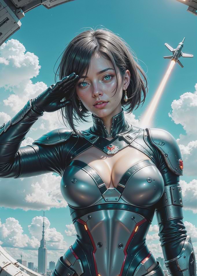 Futuristic Woman Saluting Spaceship Launch