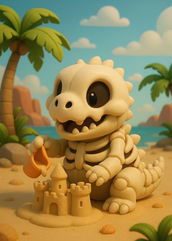 Cartoon Dinosaur Skeleton Building Sandcastle