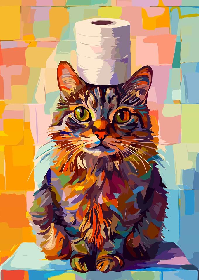 Colorful Cat with Toilet Paper Hat