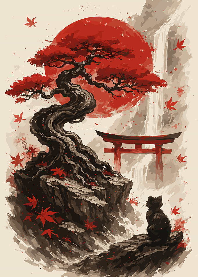 Japanese Landscape with Cat and Torii
