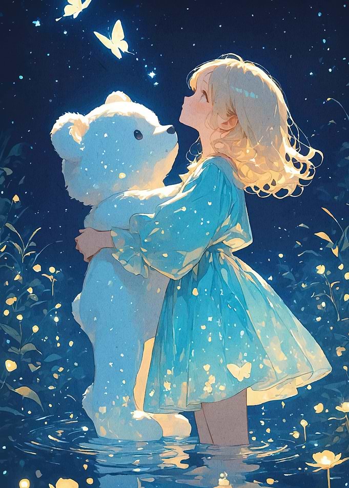 Girl Teddy Bear Water