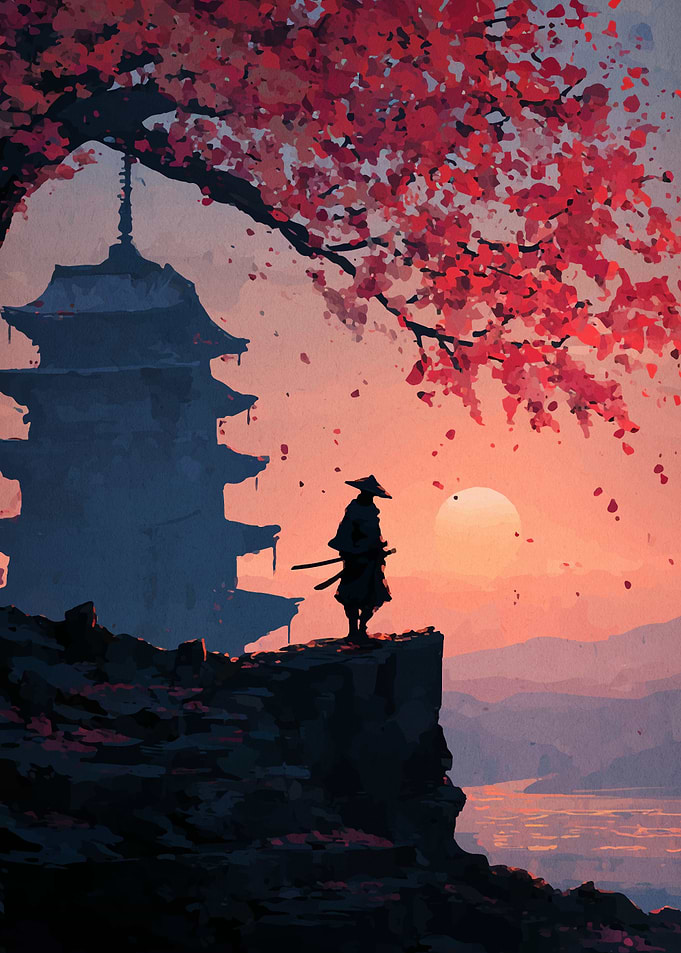 Samurai at Sunset with Pagoda
