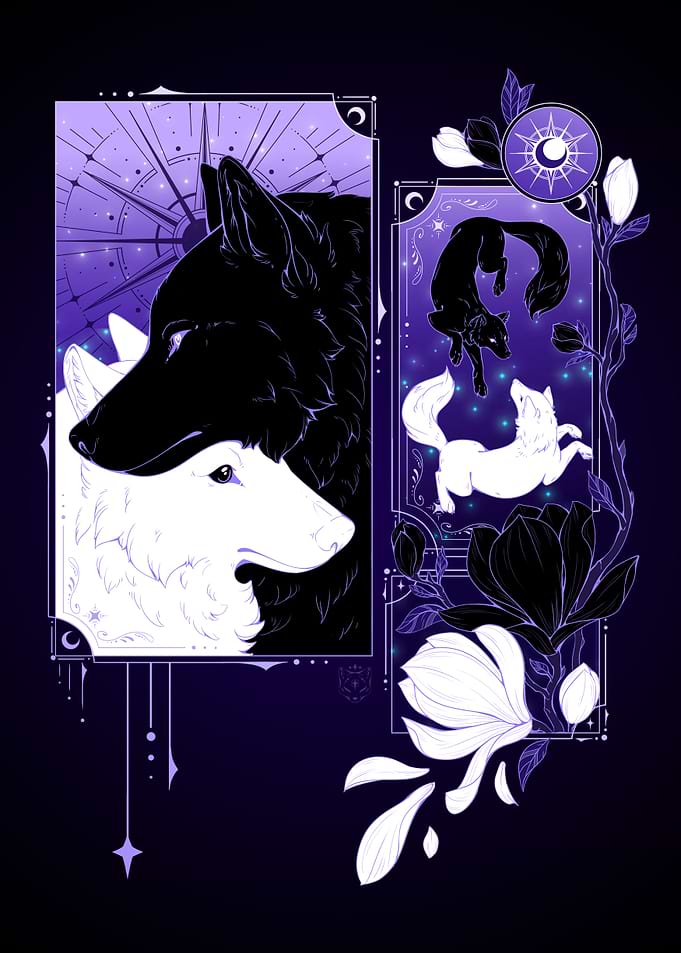 Wolves and Flowers in Purple Tones