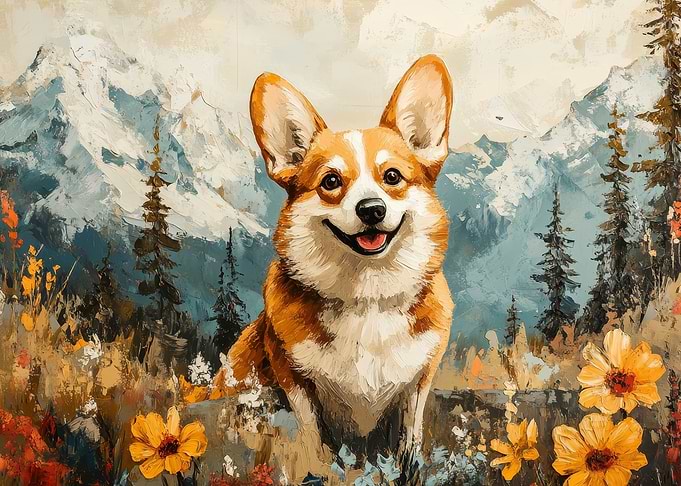 Happy Corgi in Mountain Landscape Painting