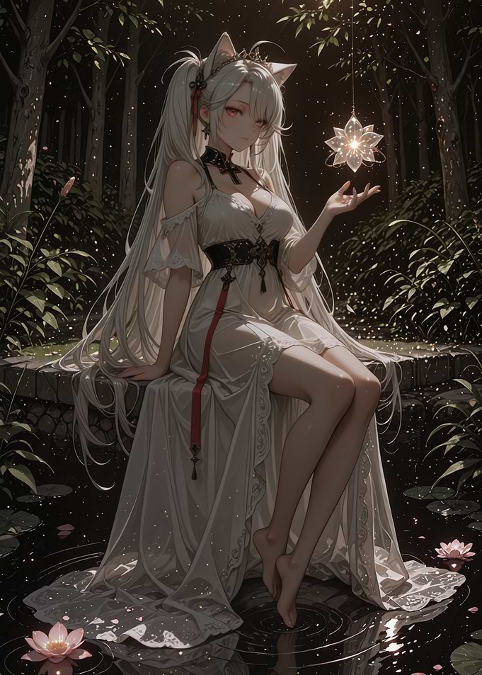 Anime Girl with Cat Ears in Forest