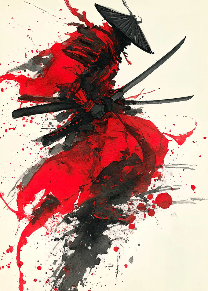 Red and Black Samurai Ink Painting