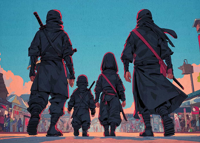 Ninja Family in Japanese Town