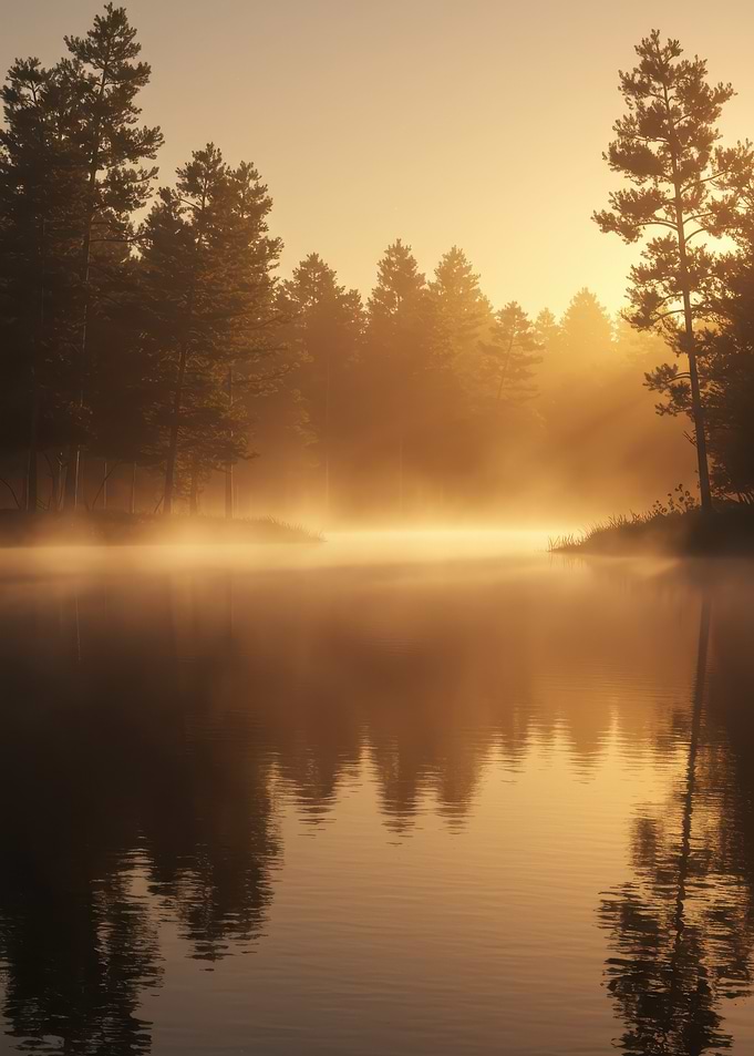Sunrise Misty Forest Lake