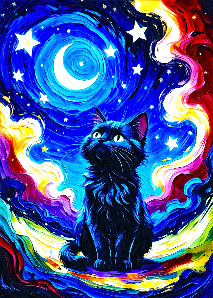 Black Cat Stargazing Colorful Night Sky