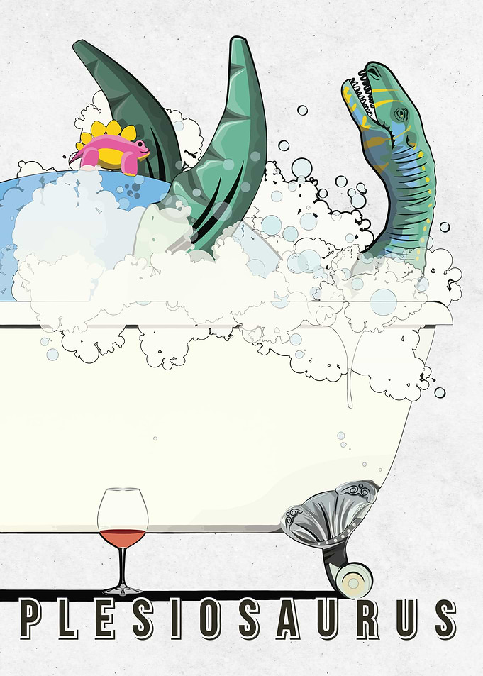 Plesiosaurus in Bathtub with Wine