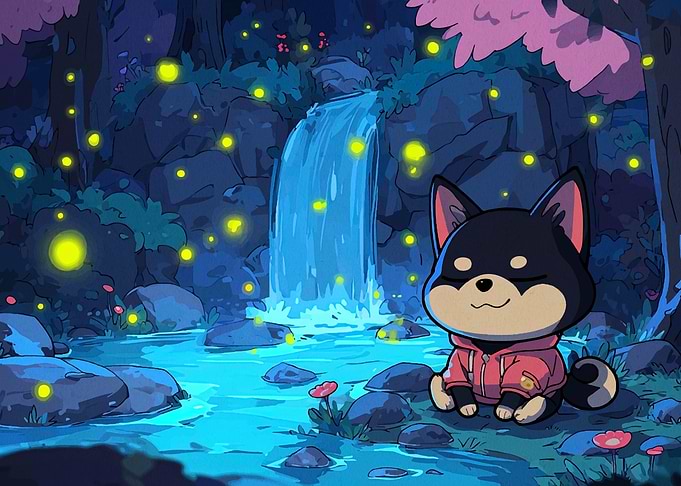 Shiba Inu by Waterfall with Fireflies