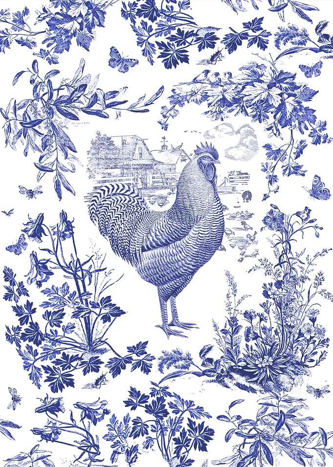 Vintage Blue White Rooster and Flowers