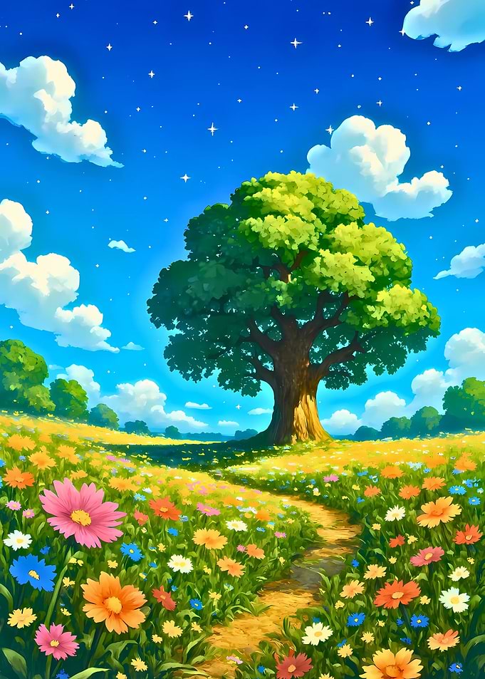 Cartoon Landscape with Tree and Flowers