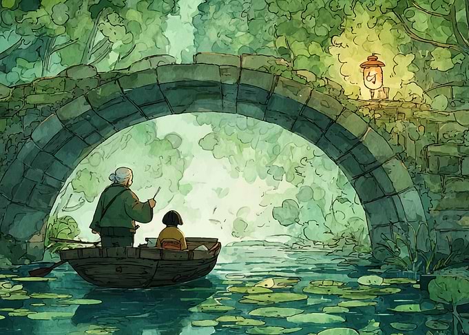 Boat ride under stone bridge