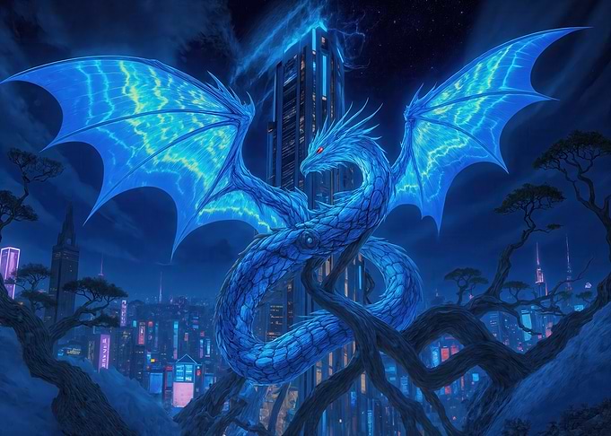 Electric Blue Dragon Over Cyberpunk City