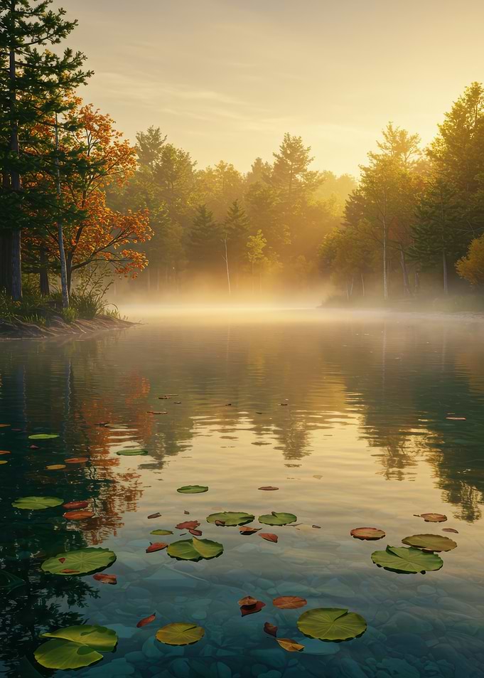 Sunrise Misty Forest Lake