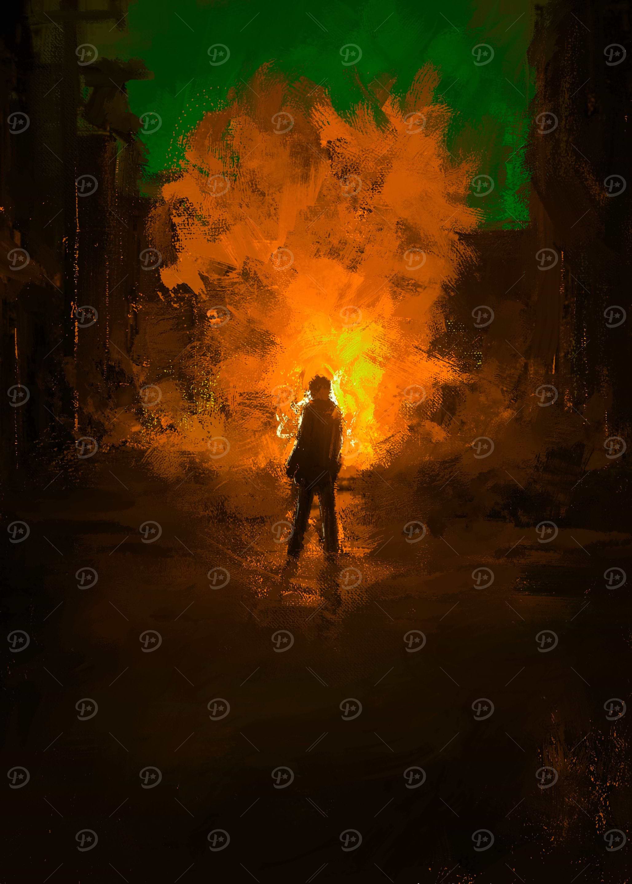Figure in front of fire painting