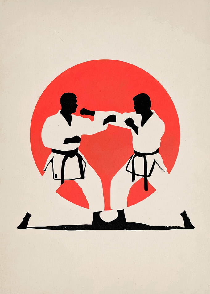 Karate Fighters Silhouette with Red Sun