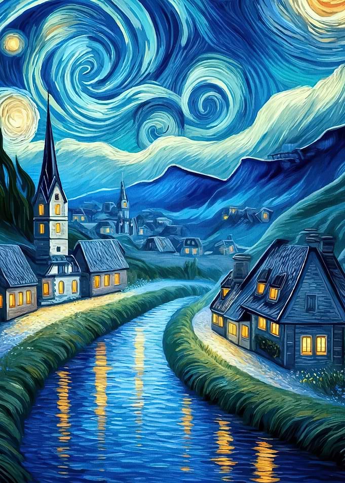 Starry Night Village Landscape